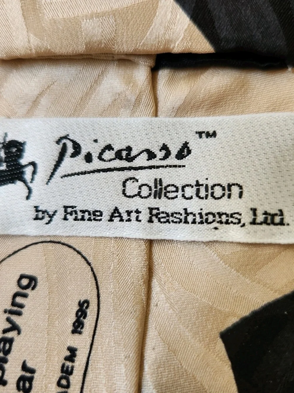 Vintage 90s Picasso Collection Silk Cream Black Tie Woman Playing Guitar Artsy